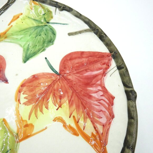 Leaf Plate Handpainted 11.5" Colorful Autumn Leaves Twig Border Made in Italy - Picture 5 of 9